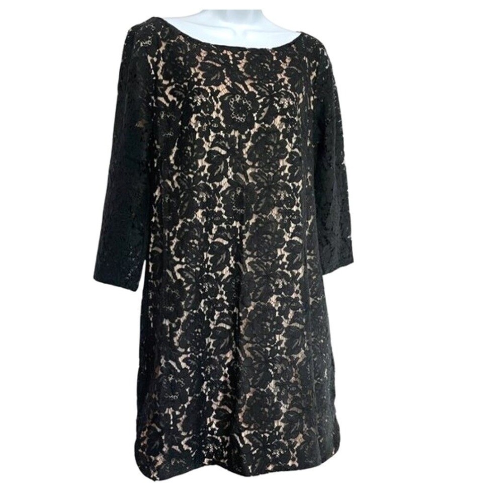 Vince Camuto Lace Dress Womens 12 Black Floral Cocktail Party‎ Sheer Sleeve